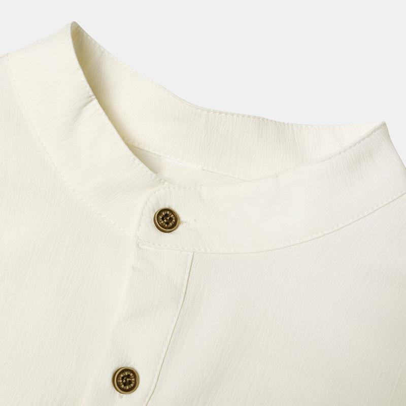 Mens Solid Color Simple Stand Collar Loose Casual Long Sleeve Shirt 01867878X