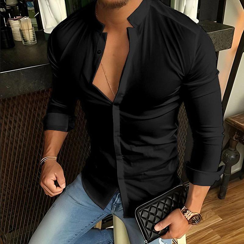 Mens Casual Fashion Solid Color Stand Collar Long Sleeve Shirt 79136189X