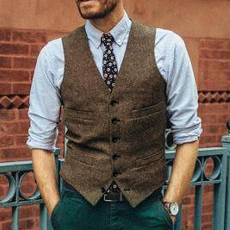 Mens Vintage Solid Color V-Neck Single-Breasted Slim Fit Vest 00171886M