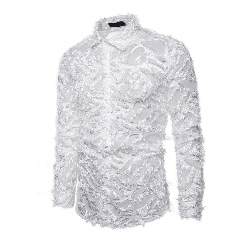 Mens Vintage Handmade 3D Feather Lapel Long-Sleeved Shirt 31314315M