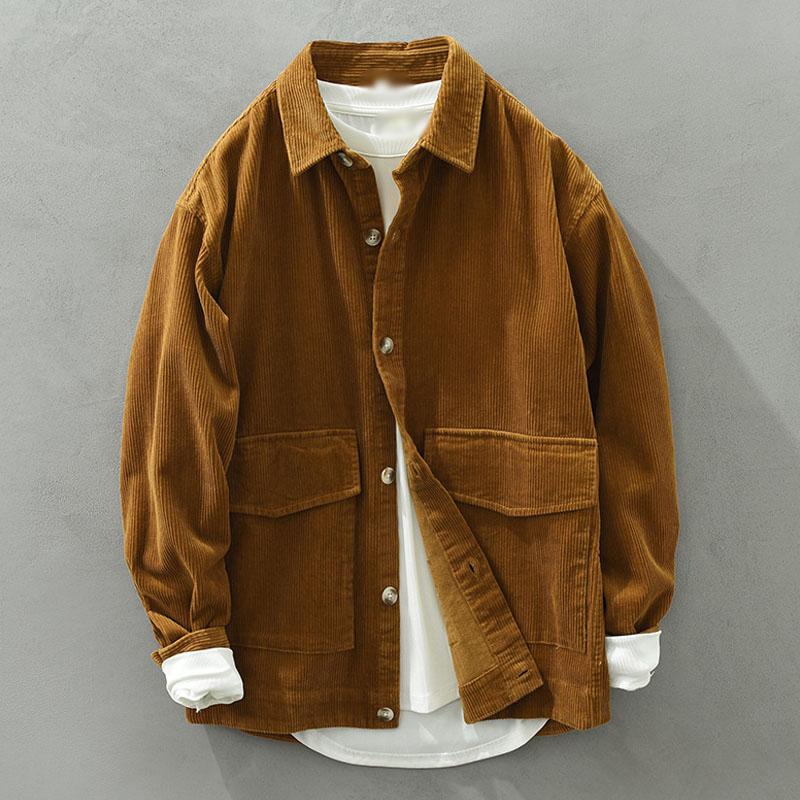 Mens Vintage Corduroy Loose Lapel Long Sleeve Overshirt 16610972M