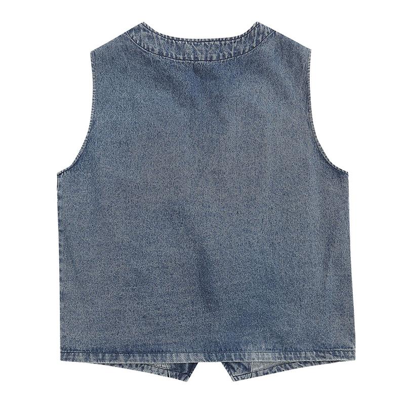 Mens Vintage V Neck Floral Embroidery Loose Denim Vest 60427439M