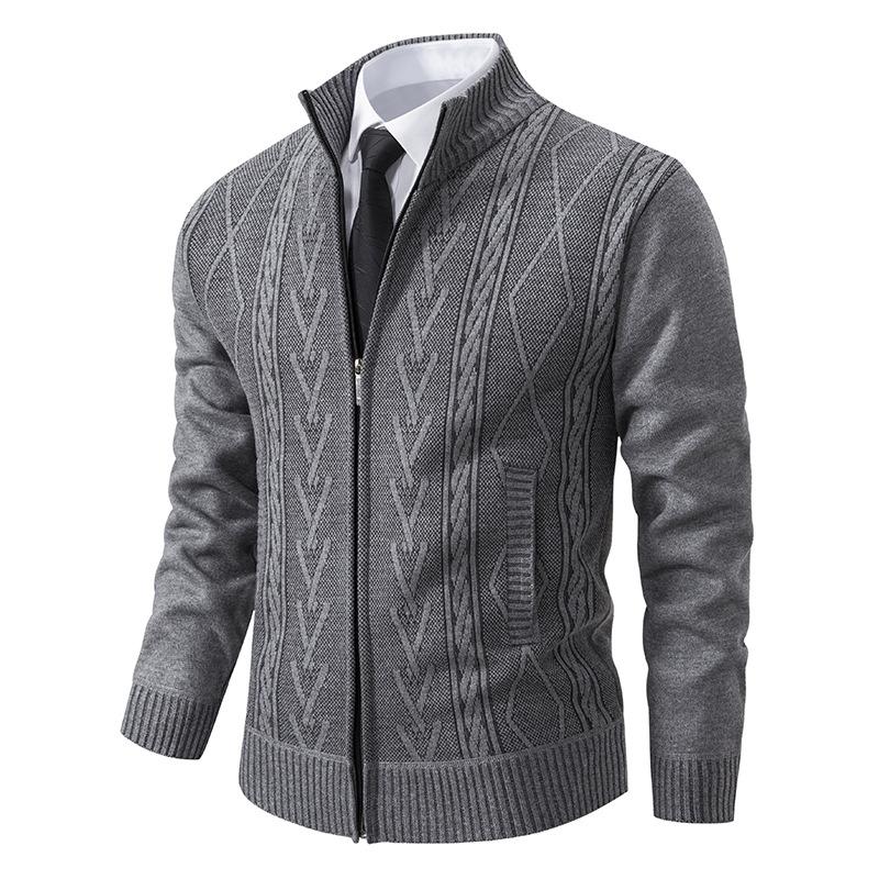 Mens Stand Collar Jacquard Thickened Casual Knitted Jacket 58330673X