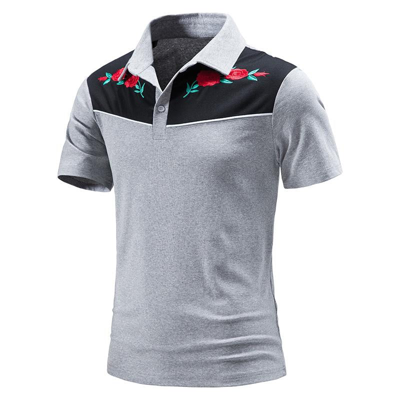 Mens Vintage Rose Embroidery Stitching Breathable Lapel Short Sleeve POLO Shirt 98245795Y