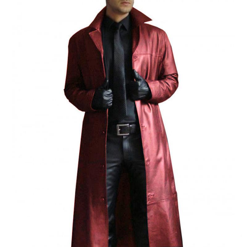 Mens Vintage Solid Color Lapel Leather Trench Coat 87519479Y