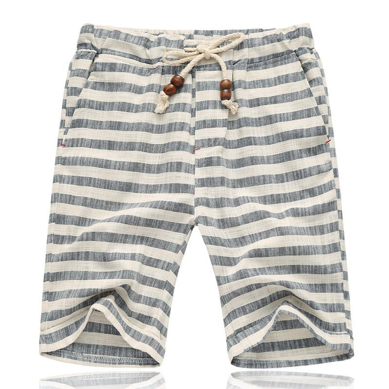 Mens Casual Cotton Linen Stripe Elastic Waist Straight Shorts 54118289M