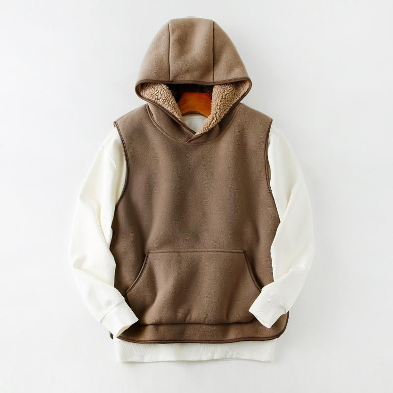 Mens Vintage Solid Color Sherpa Plush Warm Hooded Vest 19229618Y