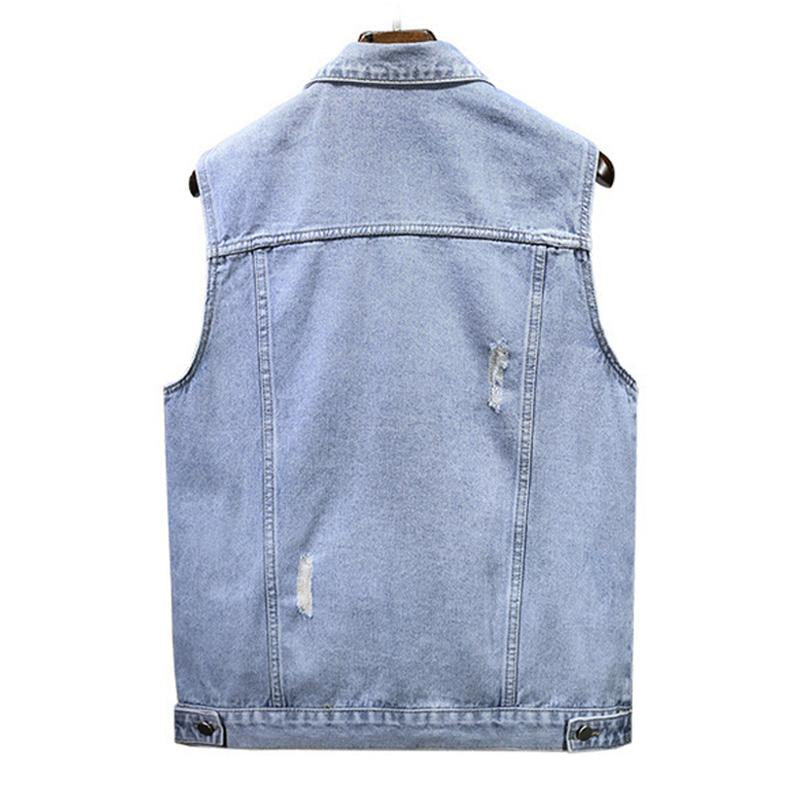 Mens Vintage Washed Ripped Lapel Lapel Single Breasted Denim Vest 74878409M