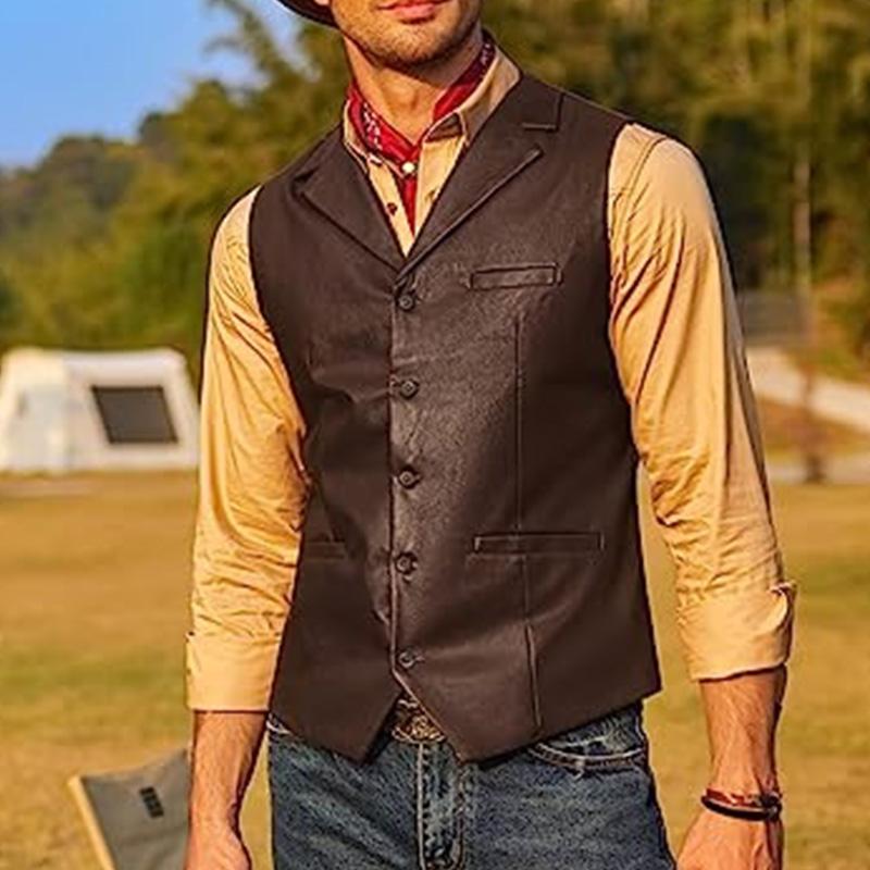 Mens Vintage V Neck Slim Single Breasted Leather Vest 90958464M