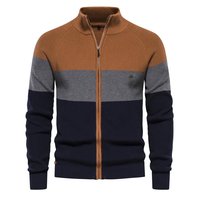 Mens Contrasting Stripe Stand Collar Knit Zipper Jacket 71280590X
