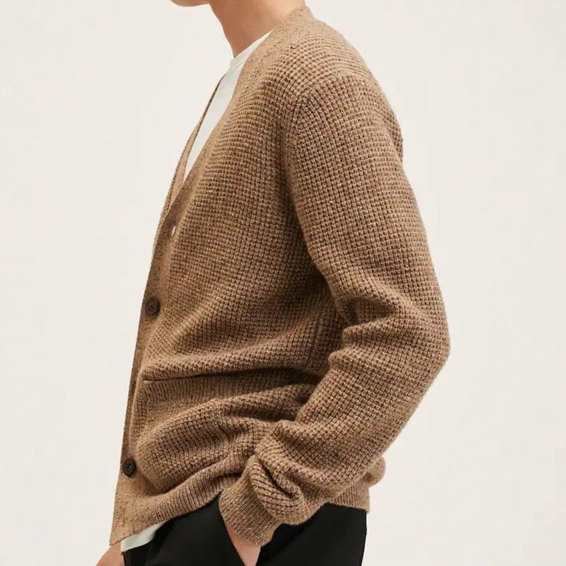 Mens Casual V-Neck Thick Solid Color Knitted Cardigan 91052218M