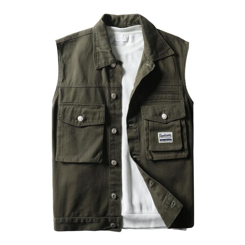 Mens Vintage Solid Color Double Chest Pocket Cargo Vest 64788389Y