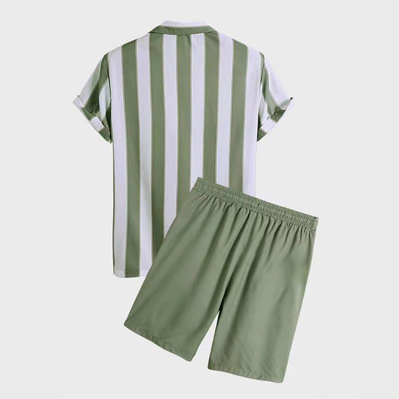 Mens Striped Print Beach Short-sleeve Shorts Two-piece Set 69737380X