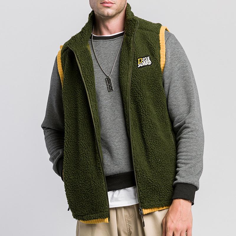 Mens Casual Color Block Zipper Pocket Teddy Velvet Vest 94042659Y