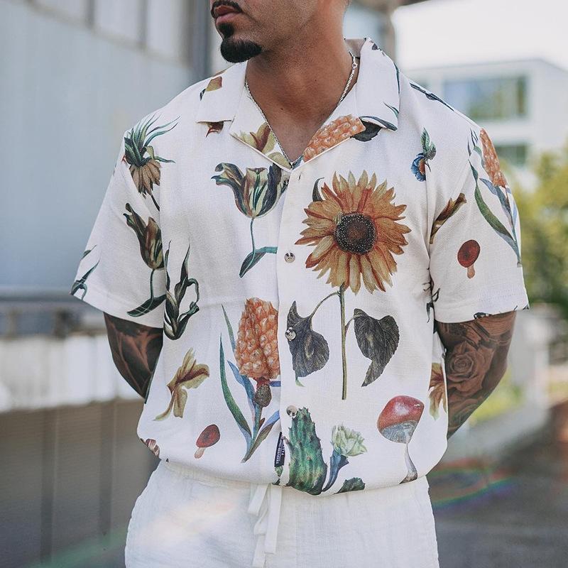 Mens Casual Flower Print Loose Breathable Short Sleeve Shirt 34495128M