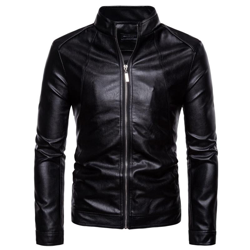 Mens Biker Casual Stand Collar Leather Jacket 71664082Y