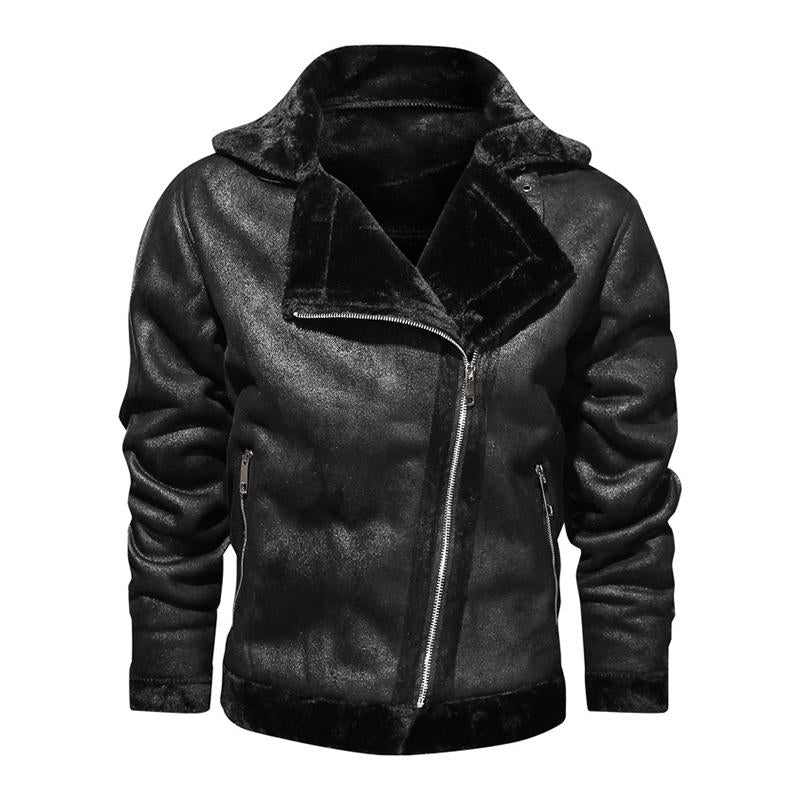 Mens Vintage Lapel Faux Fur Warm Zippered Leather Jacket 63798528M