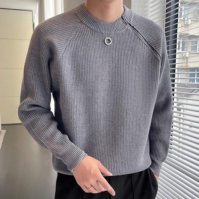 Mens Casual Solid Color Zippered Round Neck Loose Pullover Sweater 53088662M