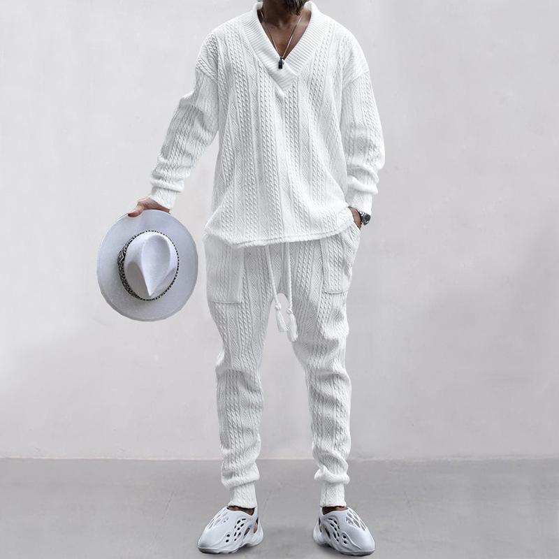 Mens Solid V-Neck Jacquard Knitwear Long Sleeve Top And Trousers Set 04682453Z