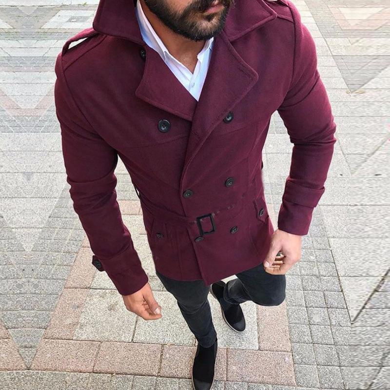 Mens Vintage Solid Color Wool Blended Lapel Double Breasted Belted Coat 64468270M