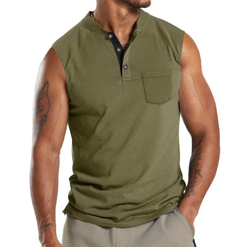 Mens Solid Color Henley Neck Sport Breathable Sleeveless Tank Top 11297990X