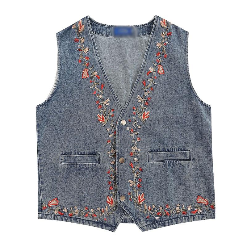 Mens Vintage V Neck Floral Embroidery Loose Denim Vest 60427439M