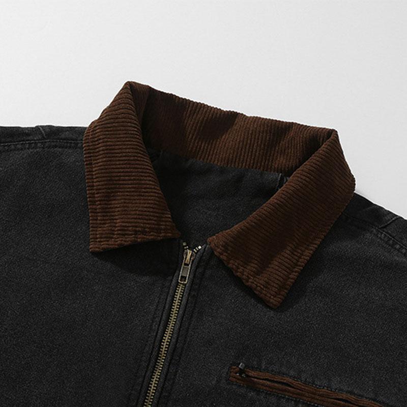 Mens Vintage Washed Cotton Loose Contrast Lapel Zipper Cargo Jacket 32218661M