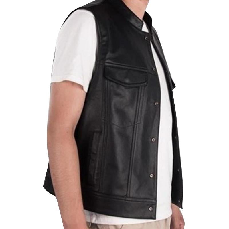 Mens Vintage Solid Color Motorcycle Stand Collar Leather Vest 91998277Y