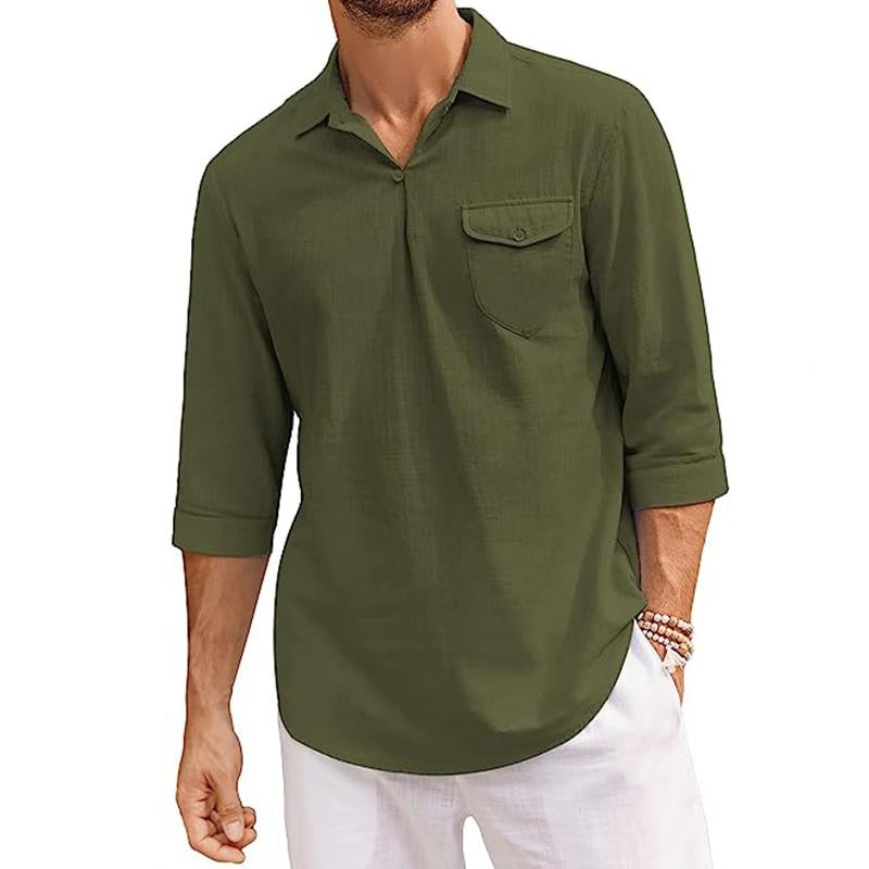 Mens Casual Solid Color Lapel Cotton Linen 3/4 Sleeve Shirt 75900744M