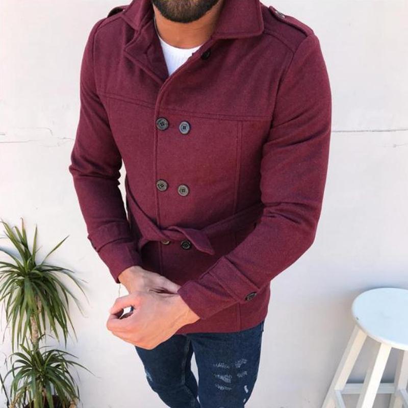 Mens Solid Color Long-sleeved Woolen Double-breasted Trench Coat 70060473X