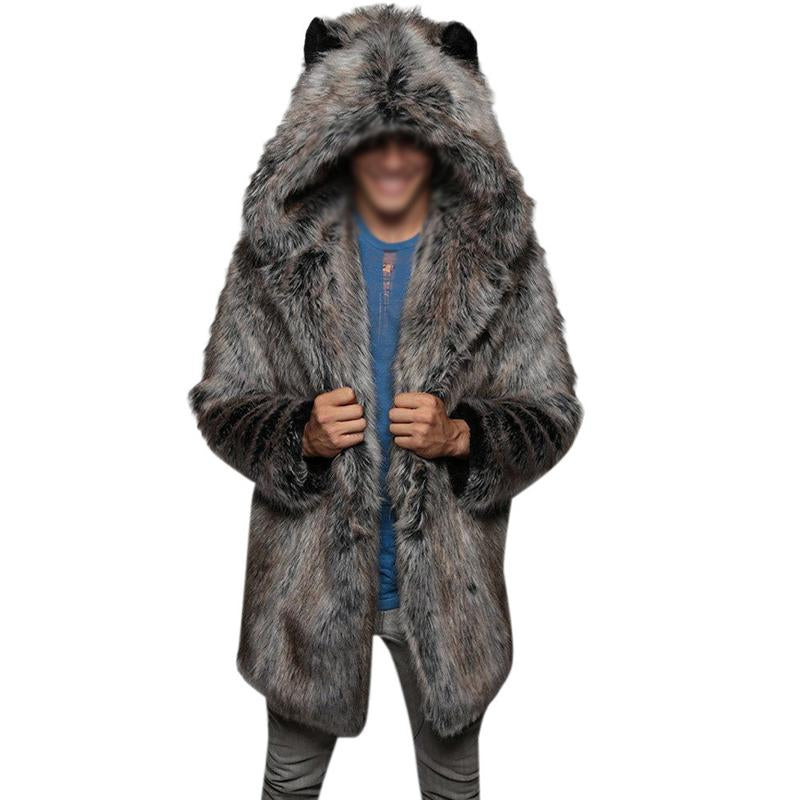 Mens Solid Color Faux Fur Hooded Coat 15174955X