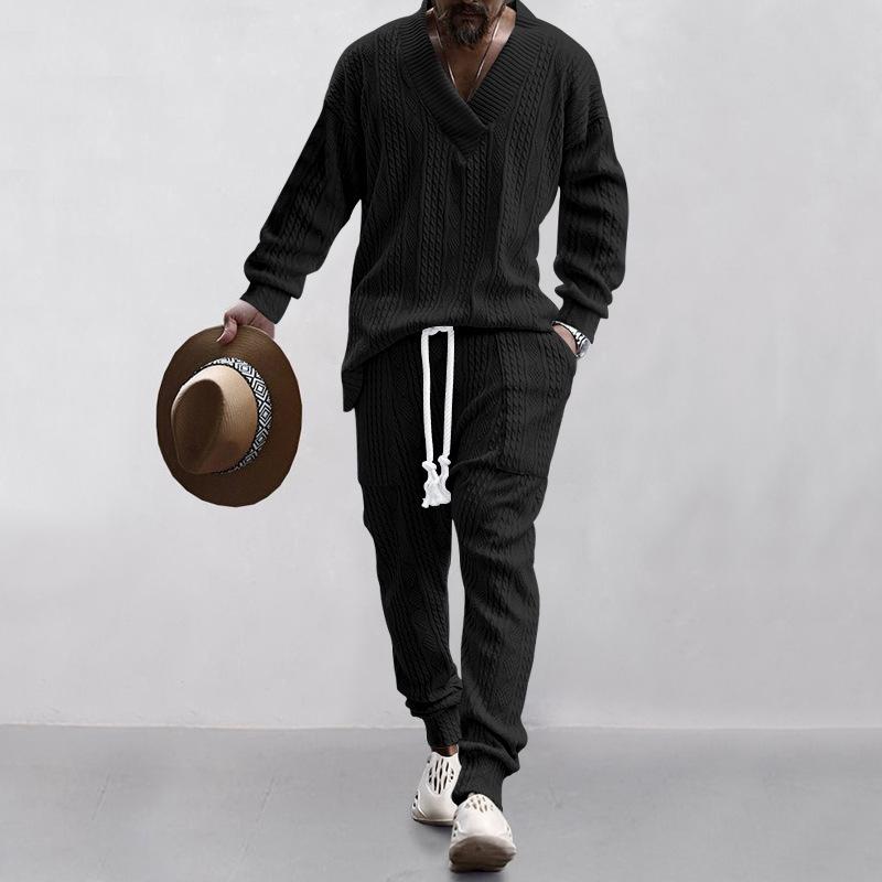 Mens Solid V-Neck Jacquard Knitwear Long Sleeve Top And Trousers Set 04682453Z