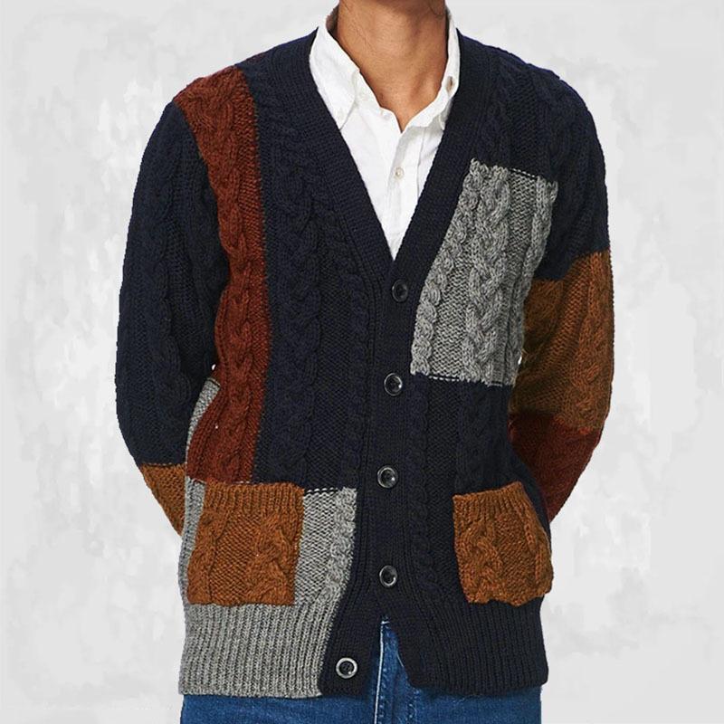Mens Retro Color Contrast Knitted Cardigan V-neck Long-sleeved Sweater Jacket 74769346X