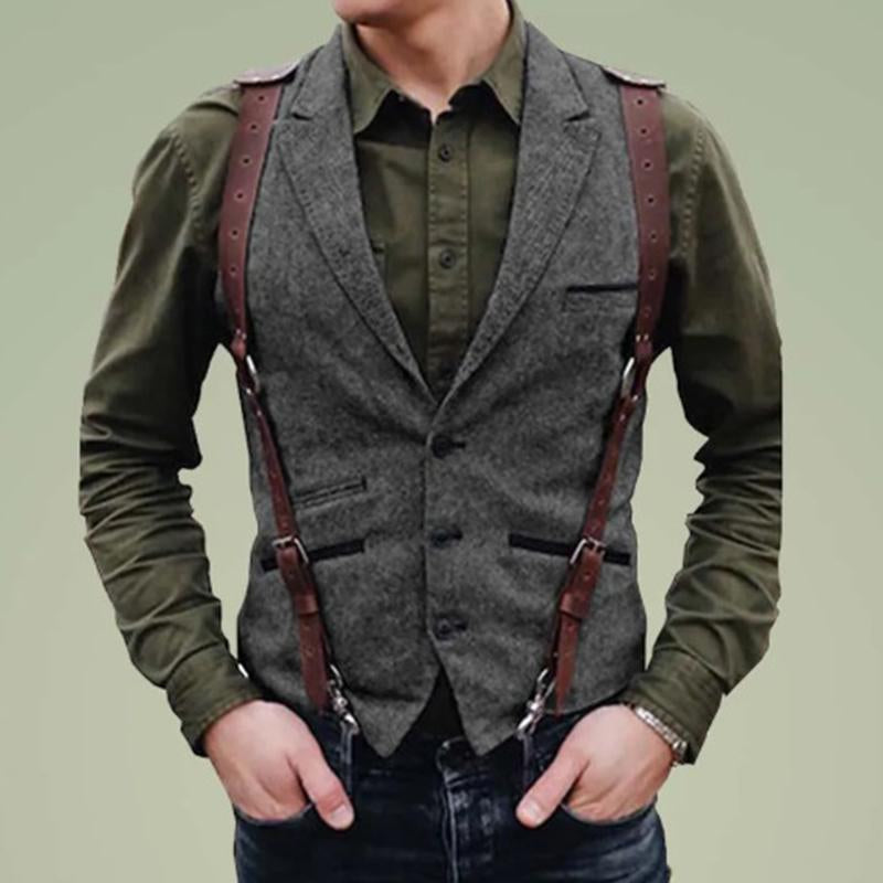 Mens Vintage Lapel Single-Breasted Multi-pocket Herringbone Vest 59356841M