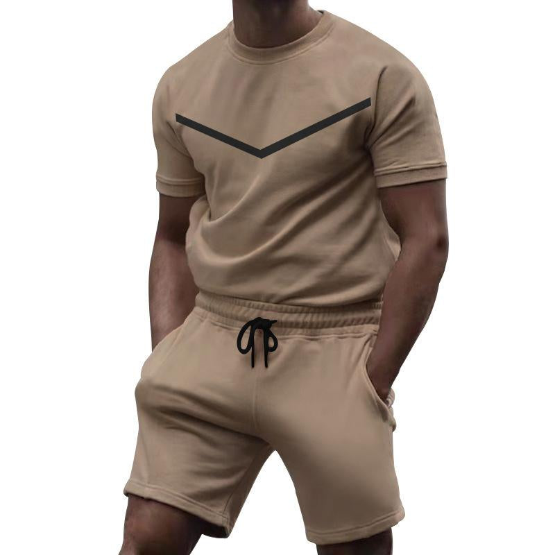 Mens Sports Solid Color Round Neck T-Shirt Short Sleeve Shorts Set 53183310Y