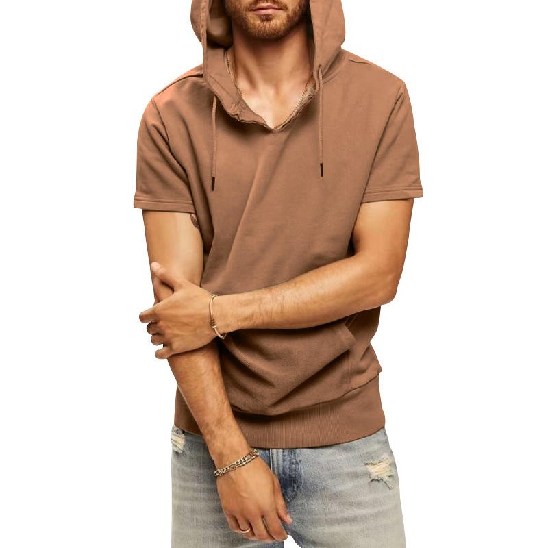 Mens Sports Casual Solid Color Hooded Short Sleeve T-Shirt 67117585Y