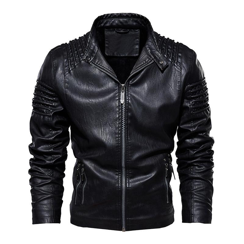 Mens Vintage Distressed Stand Collar Zippered Motorcycle Leather Jacket 12897652M