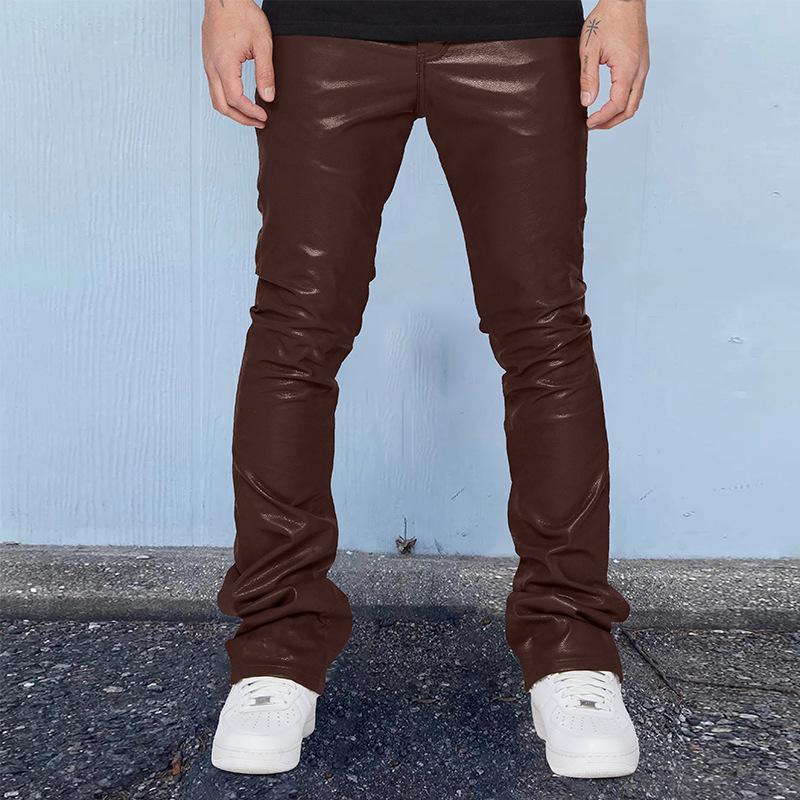 Mens Vintage Solid Color Mid-Rise Loose Thin Leather Pants 74802851M
