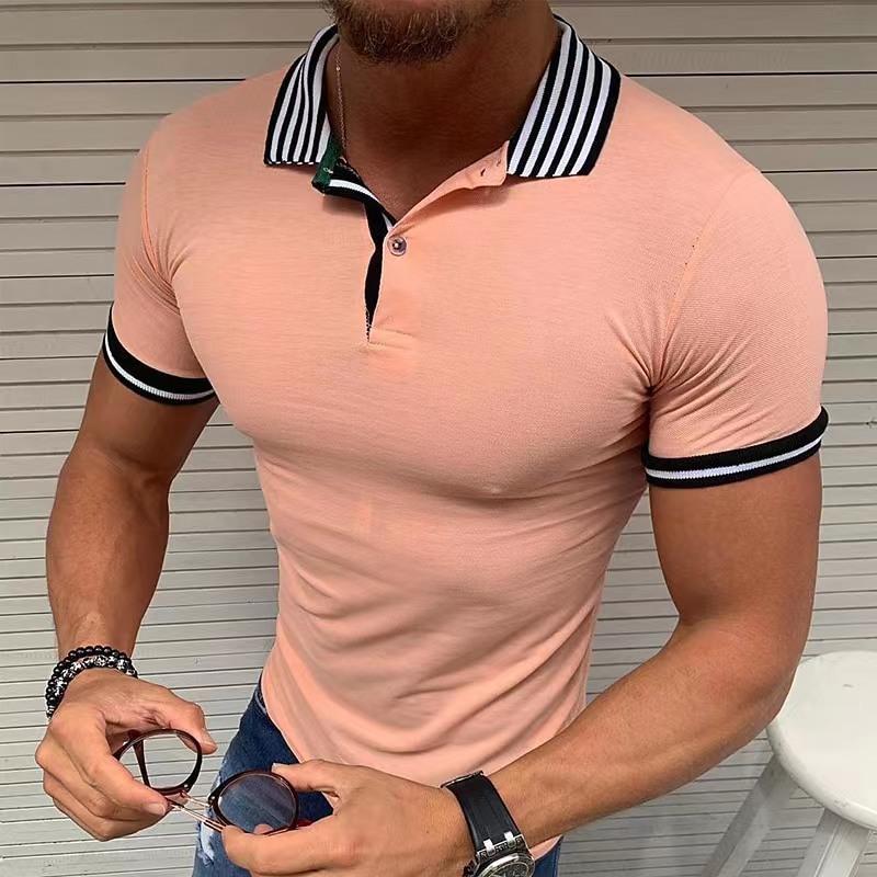 Mens Striped Lapel Solid Color Short Sleeve Polo Shirt 92056343Z