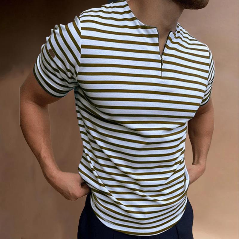 Mens Casual Striped Round Neck Zipper Short Sleeve T-Shirt 24822337Y