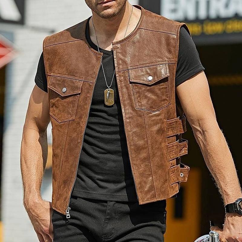 Mens Vintage Solid Color Chest Pocket Collarless Leather Vest 89985087Y