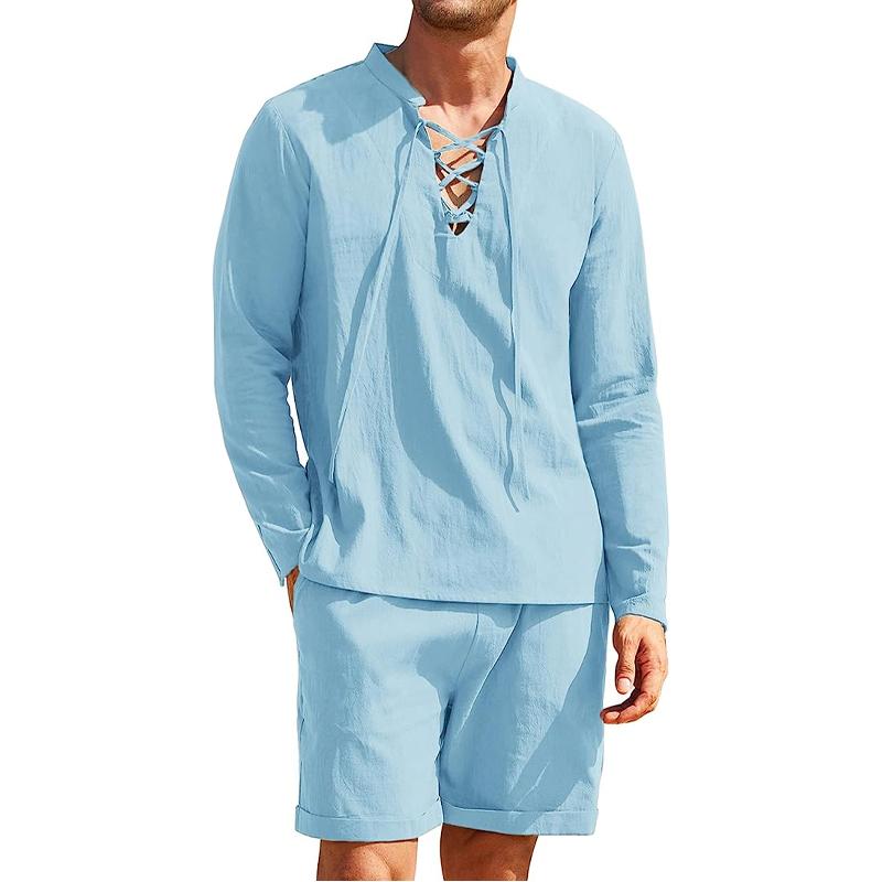 Mens Casual Solid Color Cotton Bandage Stand Collar Long Sleeve Shirt Shorts Set 59552911Y