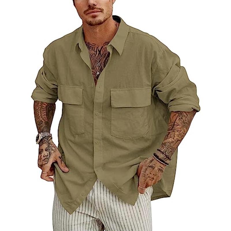 Mens Solid Color Cotton Linen Front Pocket Button Lapel Shirt 60359022X