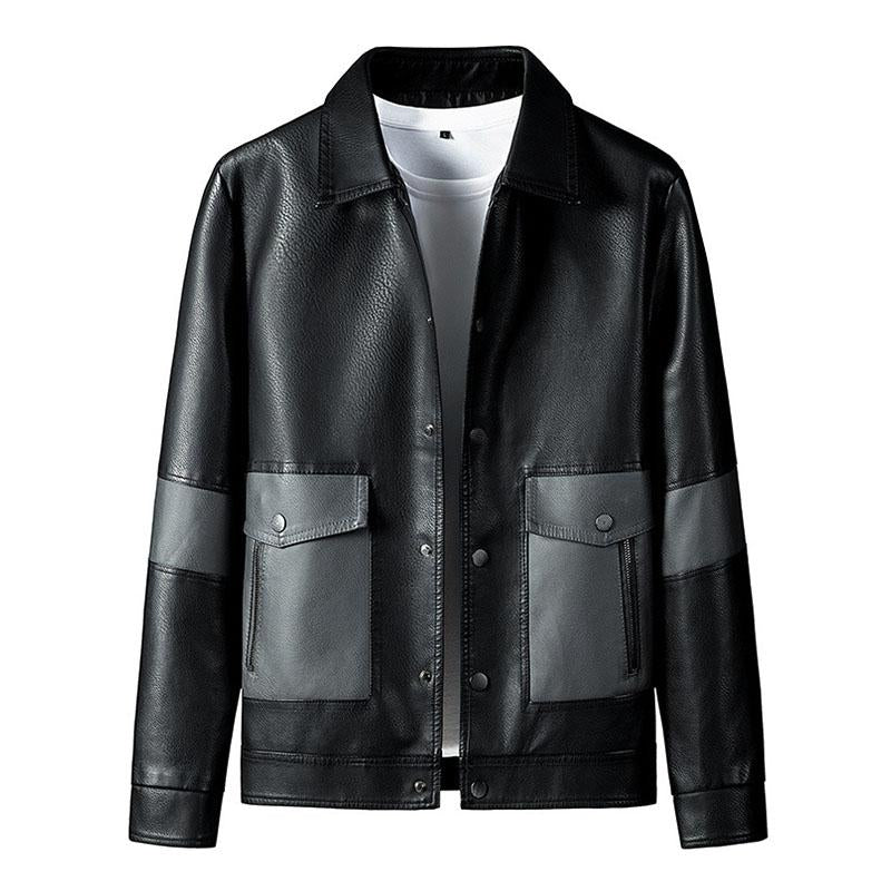 Mens Stylish Contrast Lapel Single Breasted Leather Jacket 60161089M