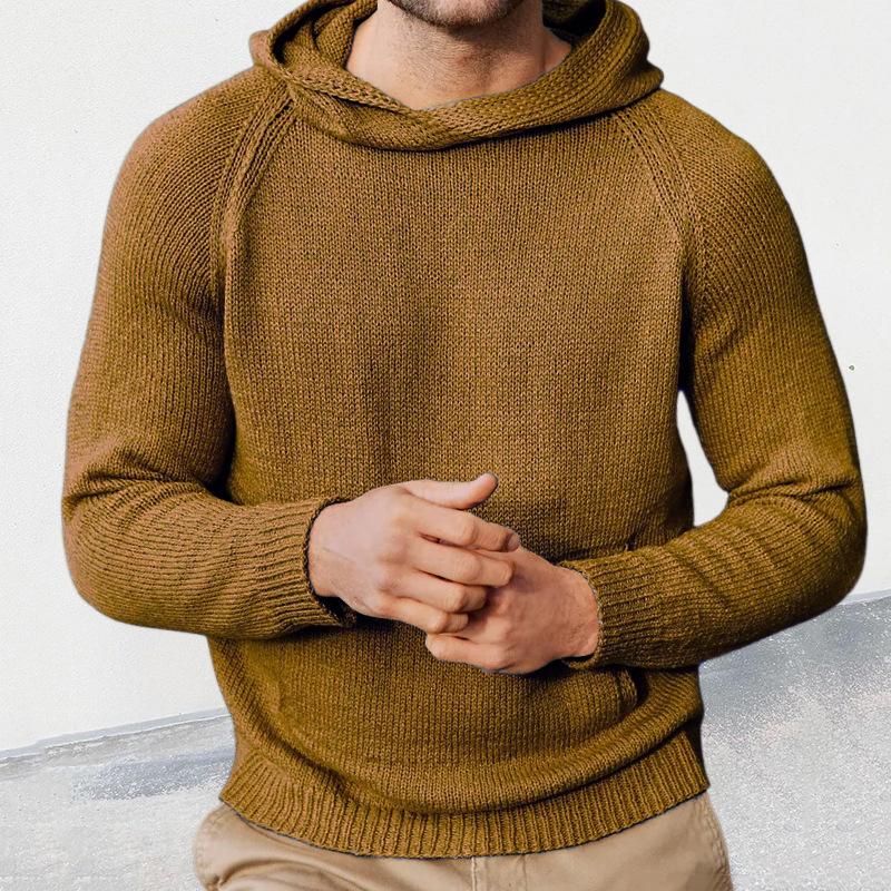 Mens Casual Solid Color Long Sleeve Hooded Knit Sweater 53760000M