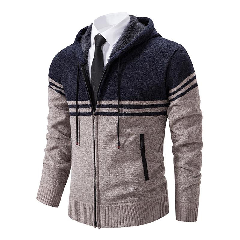 Mens Casual Colorblock Fleece Warm Zip Hooded Knitted Cardigan 19223129M