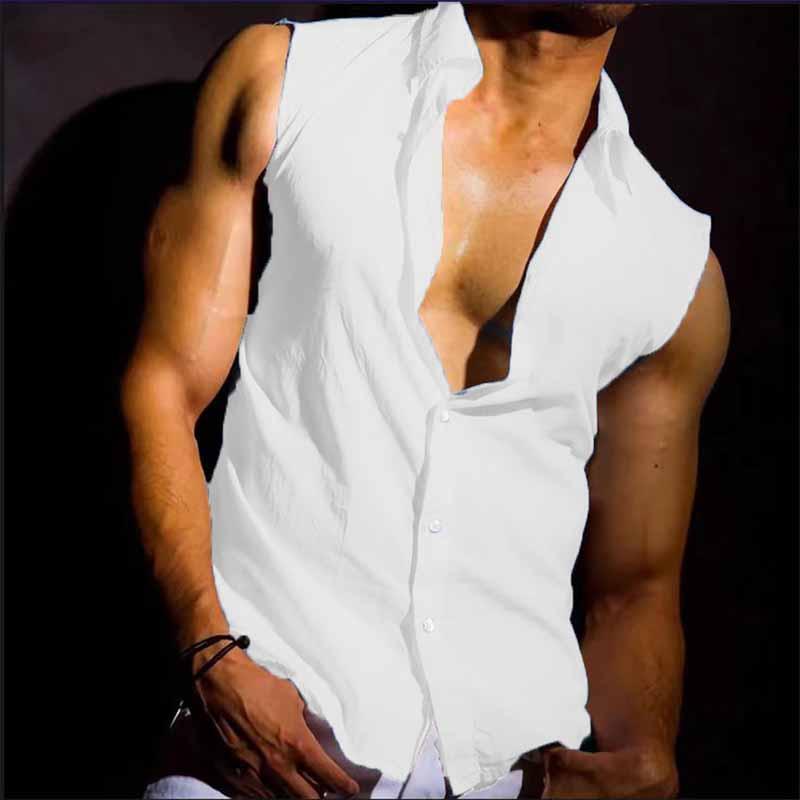 Mens Sleeveless Lapel Loose Solid Color Tank Top 43713277X