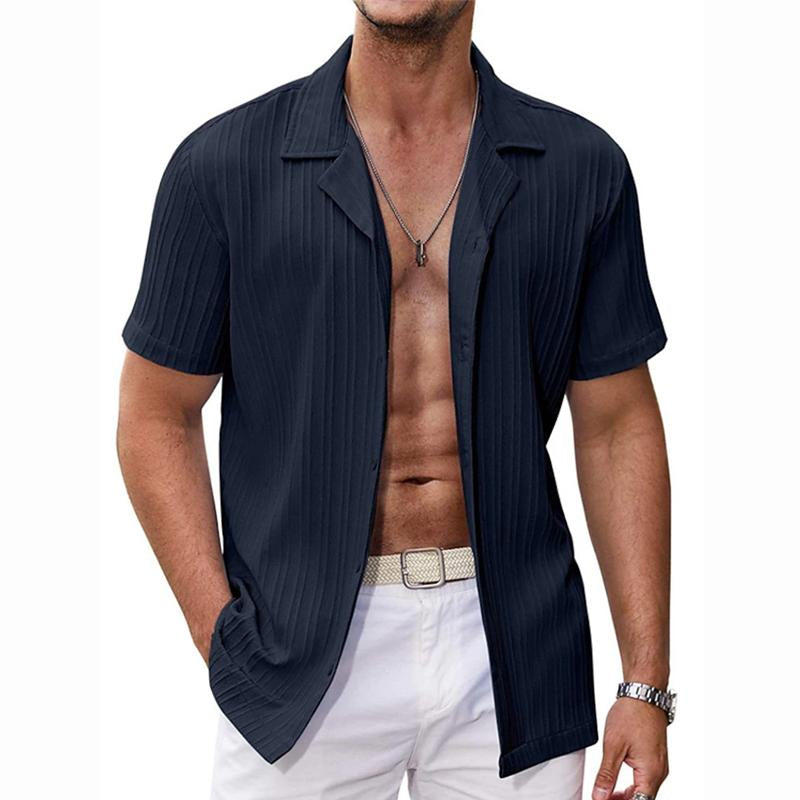 Mens Casual Solid Color Striped Short Sleeve Lapel Shirt 31319945Y