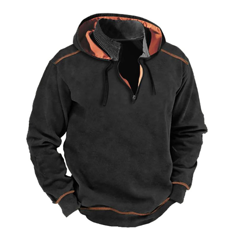 Mens Vintage Contrast Zipper Stand Collar Patchwork Hooded Sweatshirt 61682011Y