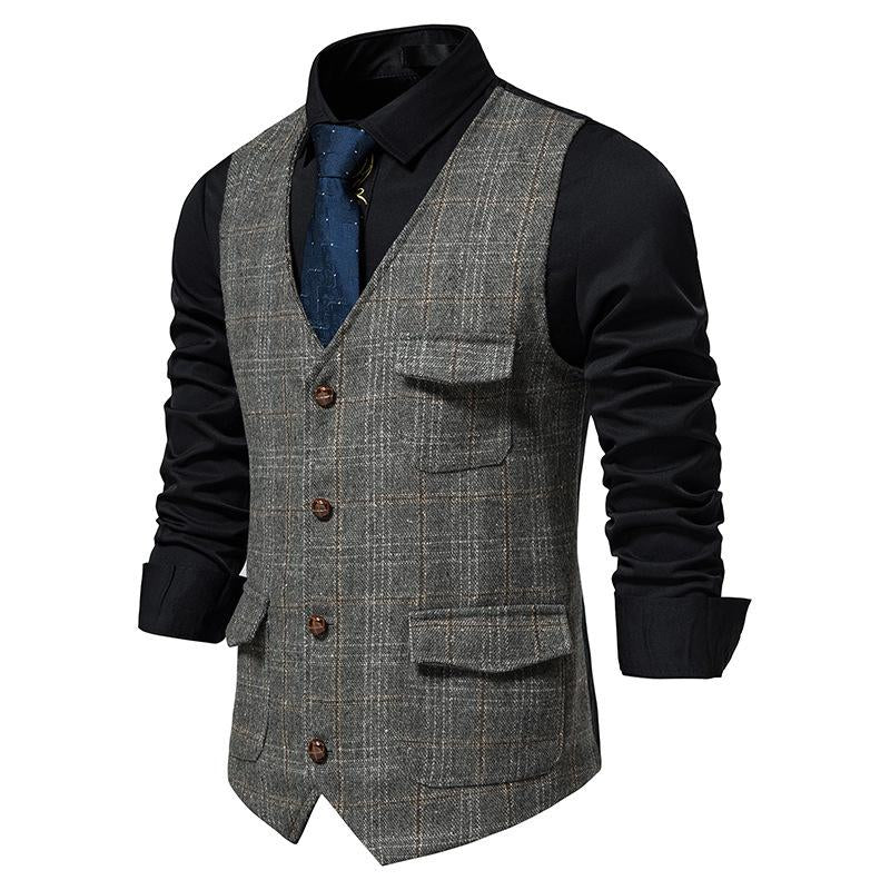 Mens Vintage Check Breast Pocket Collarless Vest 51861612Y